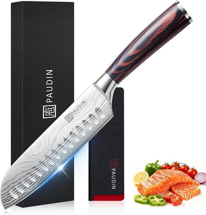 PAUDIN 7" Santoku Japanese Chef Knife – Forged High Carbon German Stainless Steel (58±2 HRC) – Ultra Sharp Razor Edge & Long-Lasting – Ergonomic Pakkawood Handle – Gift for Home Cook & Pro Chef