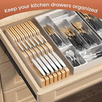In-Drawer Knife Block Organizer - Bamboo Wood Drawer Knife Organizer-Protecting Knife Organizer Block (Not Included) (White, 13 Knives Dock)