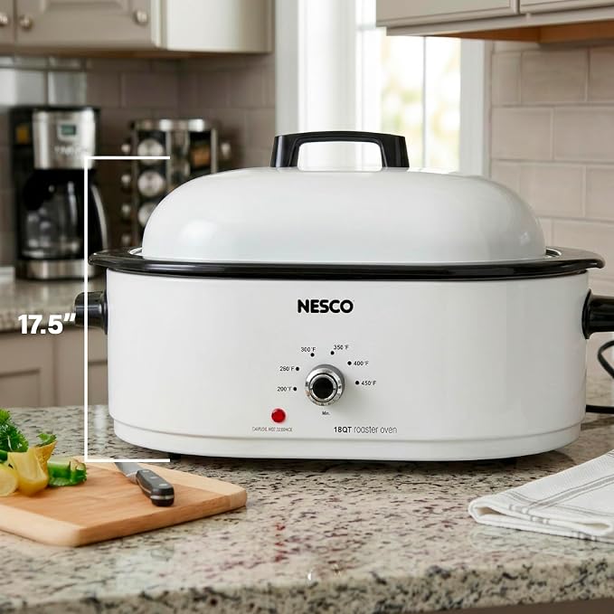 NESCO MWR18‑14 Electric Roaster Oven for Family‑Size Meals, White 18‑Quart Countertop Roaster with Adjustable Temperature Control