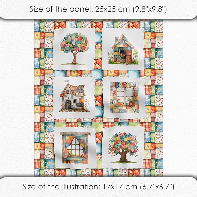 Patchwork Cozy Cottage Cotton Fabric Panel – 6 Designs (10×10 inch Each) + Bonus Sheet 29.5×19.6 inch, 100% Cotton 140 GSM, Made in Türkiye