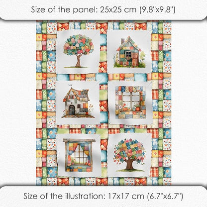 Patchwork Cozy Cottage Cotton Fabric Panel – 6 Designs (10×10 inch Each) + Bonus Sheet 29.5×19.6 inch, 100% Cotton 140 GSM, Made in Türkiye