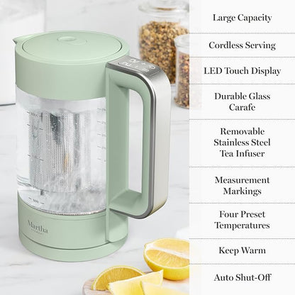 Martha Stewart Electric Kettle with Removable Stainless Steel Tea Infuser, Glass Carafe 1.7L (7 Cups), Hot Water Boiler, 4 Presets, Keep Warm & Auto Shut-Off, Cordless 360° Swivel Base, Honeydew Green
