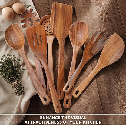 9 PCS Kitchen Utensils Set - Wooden Spoons for Cooking, Natural Teak Wooden Utensils - Includes Wooden Spoons, Spatula Set, Slotted Spoon - Handmade Wooden Spoon Set