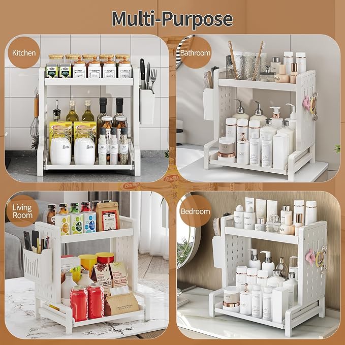 INGIORDAR Spice Rack 2 Tier Metal Standing Kitchen Seasoning Storage Shelf with Hanging Basket Pull Out Countertop Organizer for Counter, Cabinet, Pantry, Bathroom, Bedroom (White)