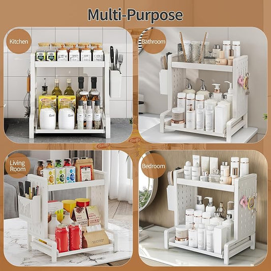 INGIORDAR Spice Rack 2 Tier Metal Standing Kitchen Seasoning Storage Shelf with Hanging Basket Pull Out Countertop Organizer for Counter, Cabinet, Pantry, Bathroom, Bedroom (White)