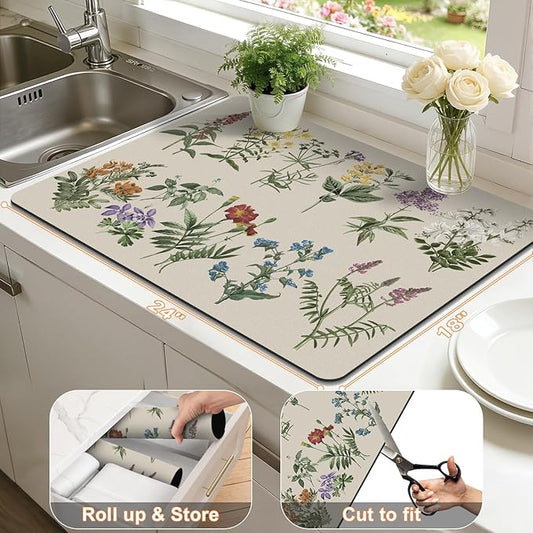 LOKHOM Dish Drying Mat for Kitchen Counter, 18"x24" Absorbent Coffee Bar Mat with Vintage Sage Flower Herbs, Dish Drainer Rack Mats for Kitchen Counter and Dining Room Decoration