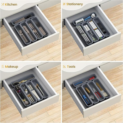 5 Pack Silicone Drawer Organizer for Kitchen, DIY Free Combination Silverware Organizer, Utensil Drawer Organizer, Moisture-proof and Heat-resistant up to 200°C, Anti-slip Design (Grey)