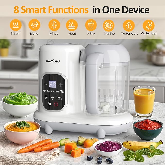Sunvivi Baby Food Maker: All-in-one Baby Food Processor with Steam, Heating, Unfreeze, Blender, Electric Blender and Food Processor Combo with Self Clean LCD Display, Baby Food Steamer Grinder White