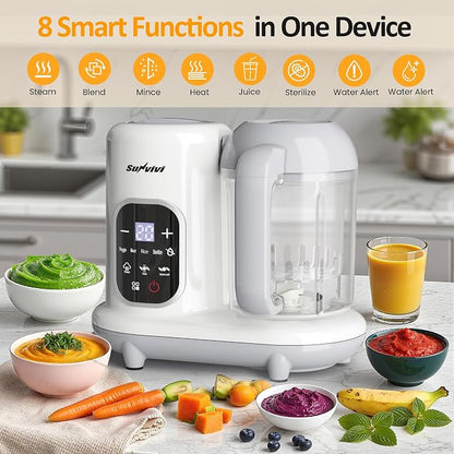 Sunvivi Baby Food Maker: All-in-one Baby Food Processor with Steam, Heating, Unfreeze, Blender, Electric Blender and Food Processor Combo with Self Clean LCD Display, Baby Food Steamer Grinder White