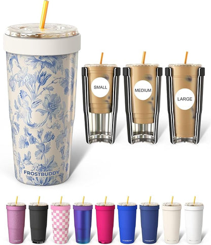 Frost Buddy Togo Buddy 30oz Stainless Steel Vacuum Insulated Tumbler To Go Coffee Cup – Iced Coffee Cups, Iced Coffee Sleeve, Travel Mug, Thermal Cup for Hot & Cold Drinks, Dunkin Cup (Blue Floral)