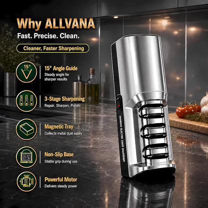 Electric Knife Sharpener for Kitchen, 3-Stage Professional Kitchen Knife Sharpener with 15° Precision Angle Guide, Fast & Portable Stainless Steel Grinding Tool for Sharpening, Repairing & Polishing