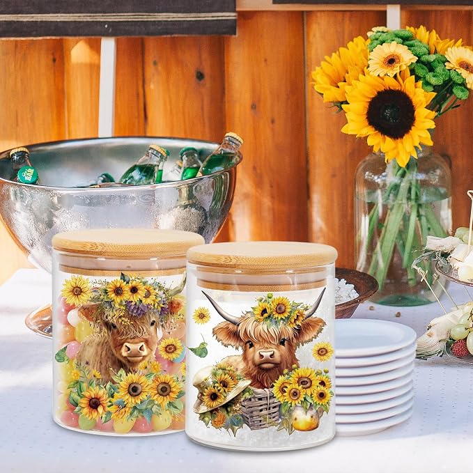 JarThenaAMCS 3Pcs Highland Cow Sunflower Glass Storage Jars With Airtight Lid Cattle Floral Decorative Canisters Sets for Cookie Spring Summer Farmhouse Home Kitchen Countertop