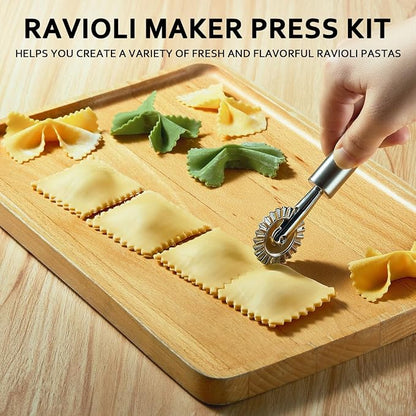 Ravioli Maker Press, Ravioli Press Mold Set - Round Ravioli Stamp Maker Cutter with Wood Rolling Pin, 2.6" Empanada Maker Press Kit and Ravioli Wheel, Makes 8 Ravioli