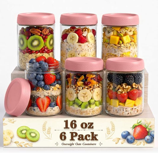 Pink Overnight Oats Container with Lids, Wide Mouth Mason Jars with Lids, Air Tight Overnight Oats Jars for Yogurt, Reusable Glass Jar for Pudding, Snack, Sugar, Breakfast, (6-Pack, 16oz)