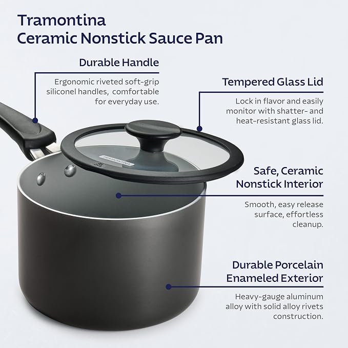 Tramontina Ceramic Non Stick 6-Piece Nesting Sauce Pan Set with Lids - Stackable Nonstick Cookware Set, Dishwasher and Oven Safe, Dark Gray