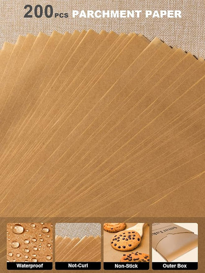 SMARTAKE 200 Pcs Parchment Paper Baking Sheets, 10x15 Inches Non-Stick Precut Baking Parchment, for Baking Grilling Steaming Bread Cup Cake Cookie and More (Unbleached)