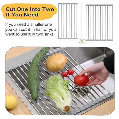 Roll Up Dish Drying Rack 19.7" x 15.8" Over The Sink Dish Drying Rack, Kitchen Dish Rack Stainless Steel Dish Drying Rack for Kitchen Sink Counter Storage (Grey)
