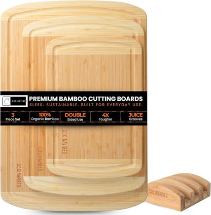 Bamboo Cutting Board Set – Charcuterie & Chopping Boards for Kitchen, Large & Small Sizes, Safe Cutting Boards for Meat, Cheese, Pizza – Home & Kitchen Gift Idea