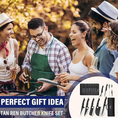 TAN REN Butcher Knife Set for Meat Cutting, 7PCS Professional Serbian Chef Knife Set with Bag, Hand Forged Viking Kitchen Knives