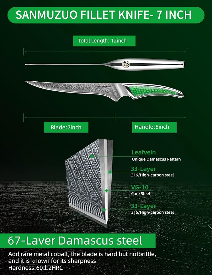 7 inch Fillet Knife, Japanese VG-10 Damascus Steel Kitchen Fish Boning Knife, Ultra Sharp, Full-tang Handle in Green Resin, LA-S9 Series