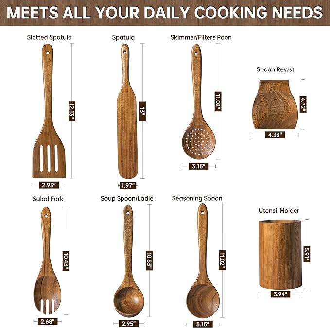 Wooden Utensil Set 8 PCS - Natural Non-Toxic Acacia Wooden Spoons for Cooking, Nonstick, Sturdy,Easy to Clean, Wood Kitchen Utensils Set with Holder, Spoon Rest, Ideal for Gifting