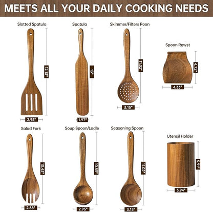Wooden Utensil Set 8 PCS - Natural Non-Toxic Acacia Wooden Spoons for Cooking, Nonstick, Sturdy,Easy to Clean, Wood Kitchen Utensils Set with Holder, Spoon Rest, Ideal for Gifting
