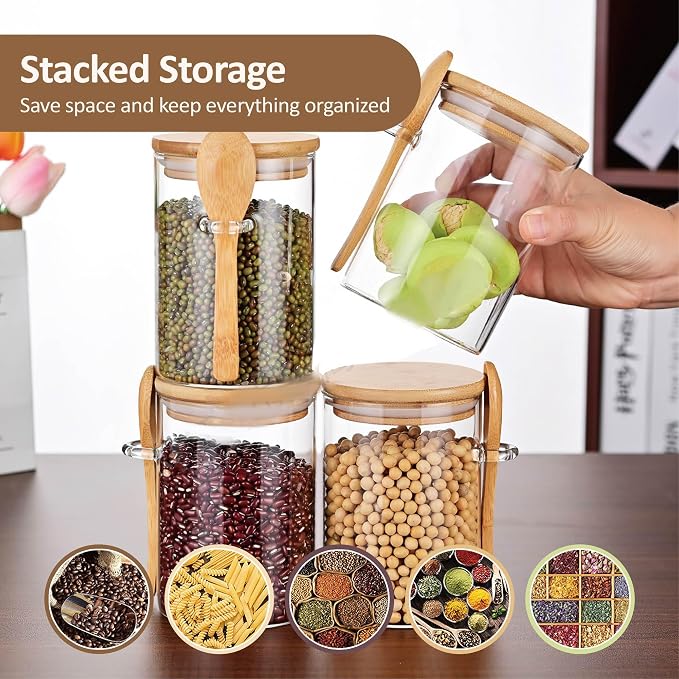 15 oz/450 ml Glass Storage Canister with with Airtight Lid, Cute Clear Decorative Container Jar with Wooden Spoon for Coffee Spice Candy Salt Cookie Condiment Sugar Matcha Tea Overnight Oats
