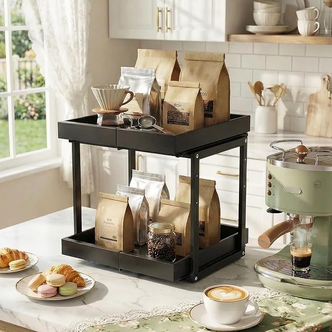 Abalter Expandable Pull Out Cabinet Organizer,2-Tier Slide Out Drawer for Kitchen Cabinets,Adjustable Width 12–18.5",Slide Out Shelves for Kitchen Countertop, Bathroom, Pantry, Heavy Duty Caddy(Black)