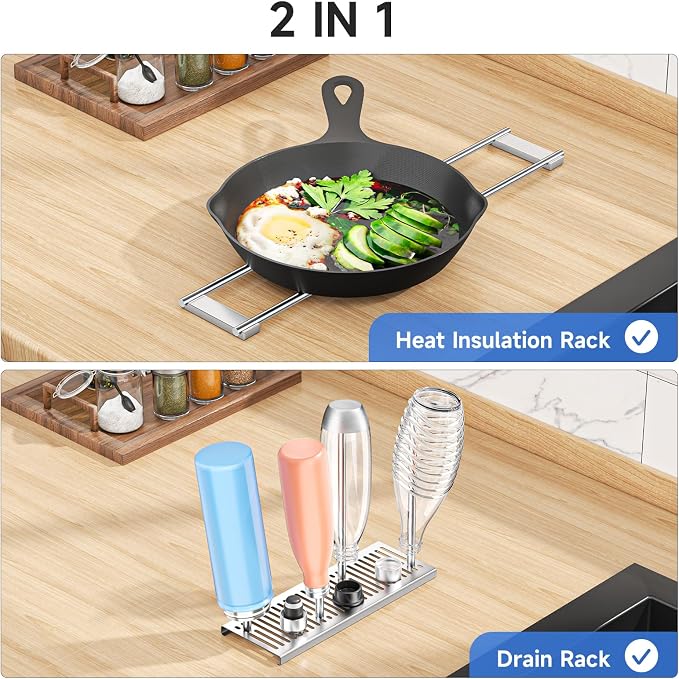 Expandable Over Sink Water Bottle Drying Rack with Dish Cloth Holder, Metal Kitchen Cup Drying Rack, Space-Saving Sink Drainer for Baby Bottles, Bottles, Dish Rags, Gloves & Reusable Bags (Silver)