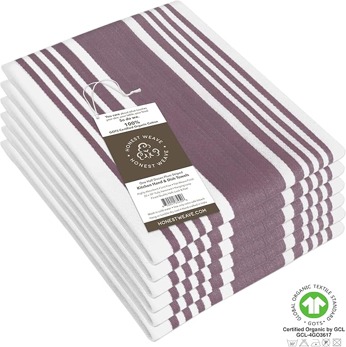 HONEST WEAVE GOTS Certified Organic Cotton Kitchen Hand and Dish Towel Sets - Oversized 20x30 inches, Fully Hemmed, in Designer Colors, 6-Pack, Plum Stripe