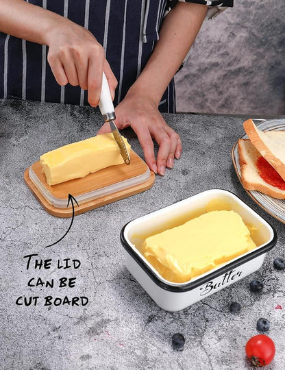 Butter Dish with Lid for Countertop, AISBUGUR Metal Butter Keeper with Stainless Steel Multipurpose Butter Knife, Butter Container with Double High-quality Silicone Good Kitchen Gift Set of 2 White