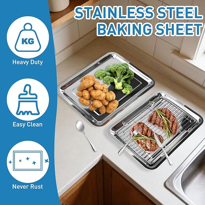 4 PCS Stainless Steel Baking Sheet Set,16 X 12 In Baking Pan (2 Sheets + 2 Racks) with Stainless Steel Fork,Spoon and Knife,Rust Baking Tray Pan for Kitchen Oven,Easy Clean&Durable