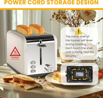 Simple Deluxe 2-Slice Toaster, 6 Browning Setting and 3 Function, Extra Wide Slot & Removable Crumb Tray, for Bread & Waffle, White