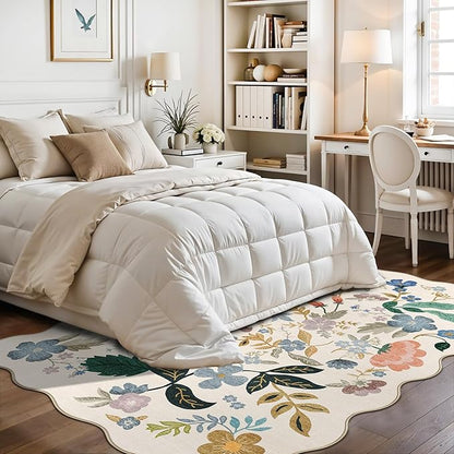 5x7 Living Room Area Rugs: Washable Floral Non-Slip Rug for Bedroom Dining Room Ultra Soft Carpet for Nursery Kitchen Home Office Farmhouse Thin Floor Mat for Teen Girls and Boys Dorms(5x7,Cream)