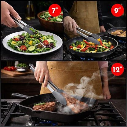 Kitchen Tongs with Silicone Tips Set of 3 Heat Resistant Tongs for Serving Food, 7-Inch, 9-Inch, 12-Inch Locking Silicone Tongs for Cooking, Salad Tong, Grey Kitchen Utensils