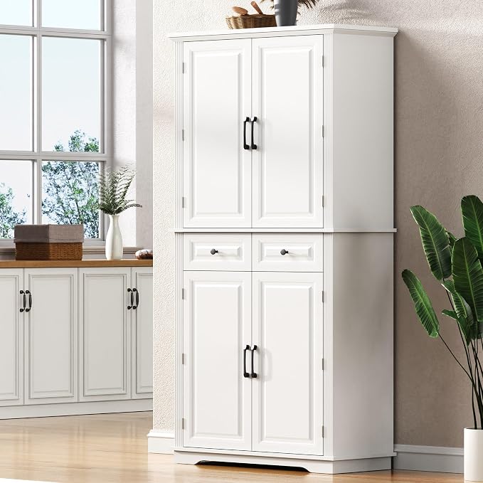 VilroCaz Wooden 71" H Kitchen Pantry with 3 Pull Out Cabinet Organizers, Freestanding Cupboard Storage Cabinet with 4 Doors and 2 Drawers, Farmhouse Embossed Texture Design (White-5.K)
