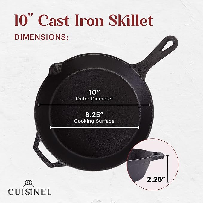 Cuisinel Cast Iron Skillet + Grill Press + Scraper Set - 10"-inch Pre-Seasoned Frying Pan + Silicone Handle Grip - 7" Round Burger Smasher - Indoor/Outdoor, Grill, Kitchen Cookware. PFAS and PFOA-free