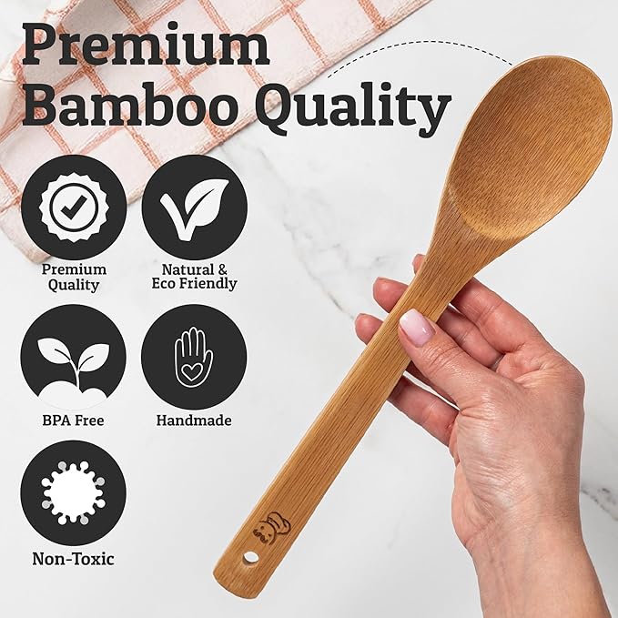 PriorityChef Wooden Spoons for Cooking, 6Pc with Utensil Holder, Non Scratch Bamboo Cooking Utensils, Non-Toxic Wooden Utensil Set, Easy to Clean Kitchen Utensils Set for All Cookware Types
