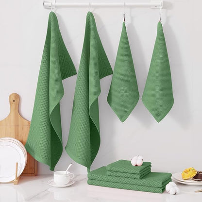 Homaxy 100% Cotton Kitchen Towels and Dishcloths Set, 12 x 12 Inches and 13 x 28 Inches, Set of 12 Bulk Kitchen Towels Set, Ultra Soft Absorbent Dish Cloths for Washing Dishes, Grass Green