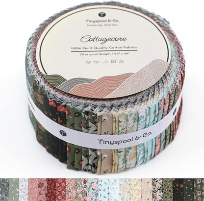 Tinyspool & Co.'s Twirlie Roll 40 Precut Quilting Fabric Strips for Quilting Supplies, Crafting, and Sewing, Soft Cotton Strip for Blanket, Rug, Upholstery, Home Decor, and Purse Making, Cottagecore