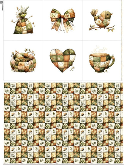 Rustic Patchwork Cotton Fabric Panel – 6 Designs (10"×10" inch Each) + Bonus Patchwork Sheet 29.5"×19.6" inch, 100% Cotton 140 GSM