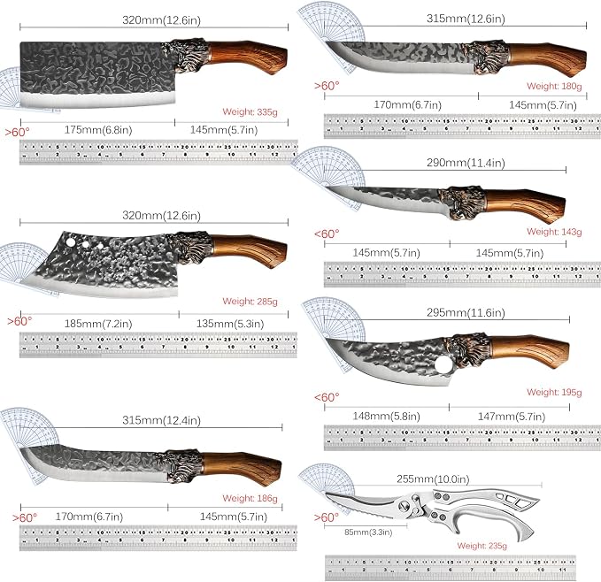 7PCS Butcher Knife Set for Home Kitchen, High Carbon Steel Hand Forged Chef Knives for Butchering, Meat Processing and Cutting, BBQ Cleaver & Bone Chopper, Fillet, Hammered Blade