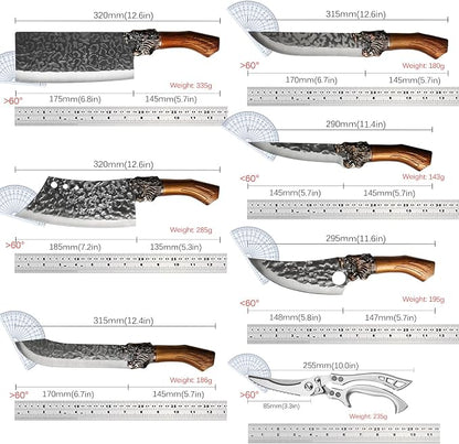 7PCS Butcher Knife Set for Home Kitchen, High Carbon Steel Hand Forged Chef Knives for Butchering, Meat Processing and Cutting, BBQ Cleaver & Bone Chopper, Fillet, Hammered Blade