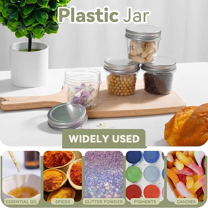 novelinks 4 oz Small Plastic Jars with Lids, 40 Pack Mini Plastic Mason Jars with Lids 4oz, Craft Storage Containers & Canning Jars & Small Spice Jars for Kitchen Organization (40 Pack,Silver)