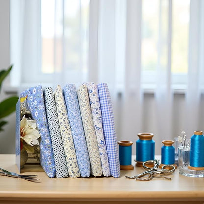 7Pcs Square Shape, Flower, Striped, Polka Dot Cotton Fabric Fabric for Sewing, 25x25cm Cotton Fabric Flower Polka Dot Bundle DIY Patchwork Quilt Cloth,Craft and Hobby Fabric (Blue)