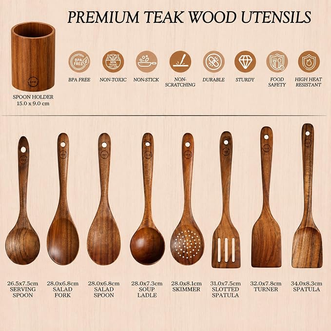 SOOMGYEOL SEOM 9-Piece Teak Wood Cooking Utensil Set with Holder | Wooden Spoons and Spatulas, Countertop Organizer, Heat Resistant, Kitchen Tools