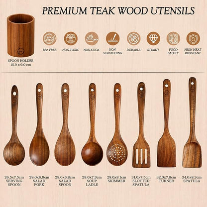 SOOMGYEOL SEOM 9-Piece Teak Wood Cooking Utensil Set with Holder | Wooden Spoons and Spatulas, Countertop Organizer, Heat Resistant, Kitchen Tools