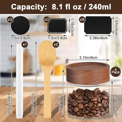Glass Jar with Wood Lid, 4 Pack 8oz 240ml Coffee Jars with Airtight Lids, Wooden Screw Top Pantry Storage Glass Canister, Clear Kitchen Container for Spice, Sugar, Tea, Oats, Candy, Bean, Nuts