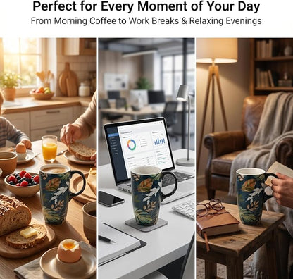 Topadorn 17oz Ceramic Travel Mug with Lid and Handle, Leaf Art Coffee Cup, Nature Inspired Porcelain Mug, Microwave & Dishwasher Safe, Gift Box Included