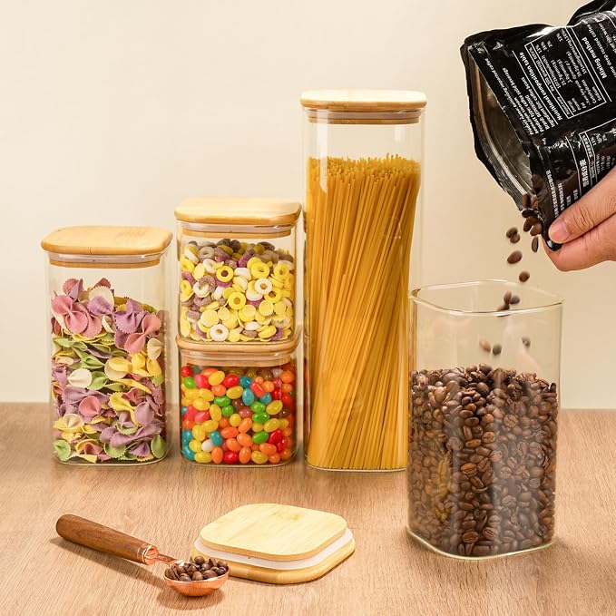 Glass Spaghetti Pasta Storage Container - 5 Pack Airtight Food Storage Jar Set with Bamboo Lid Labels - Square Kitchen Pantry Canister Organizers for Cookies Candy Coffee Bean Sugar Tea Spice Flour